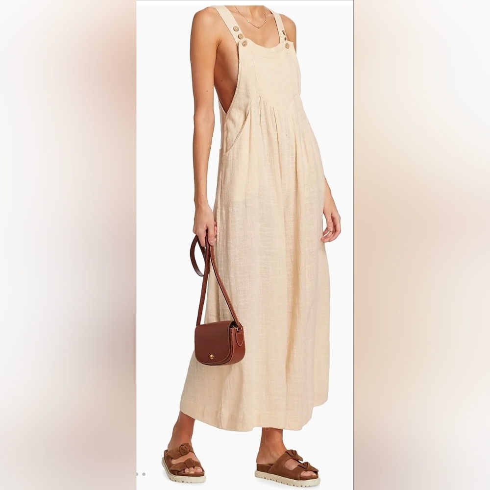 Free People Sundrenched Wide Leg Jumpsuit Neutral Cotton Overalls Small Boho - Picture 5 of 9